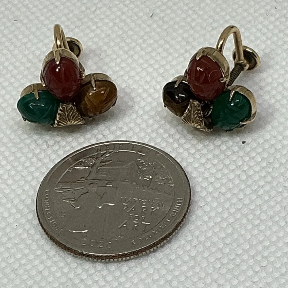 Vintage Scarab Brooch Earrings Set 12K GF Etched Gemstones Mid Century Signed